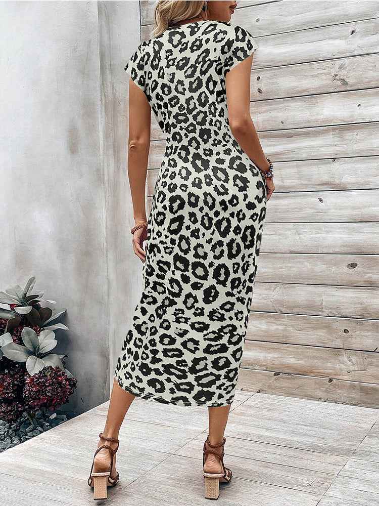 Women's Leopard Print Cap Sleeve Bodycon Dress – Cinched Waist Midi Dress