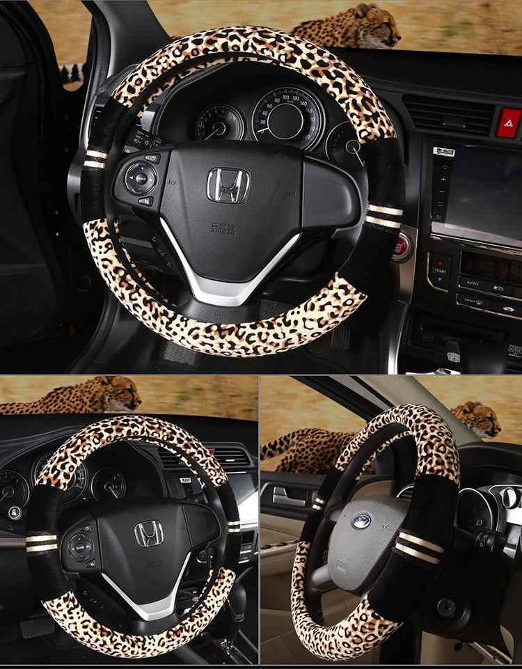 Universal 15-Inch Winter Plush Leopard Steering Wheel Cover – Warm Fluffy Faux Fur Auto Accessory Leopard Print Car Accessories