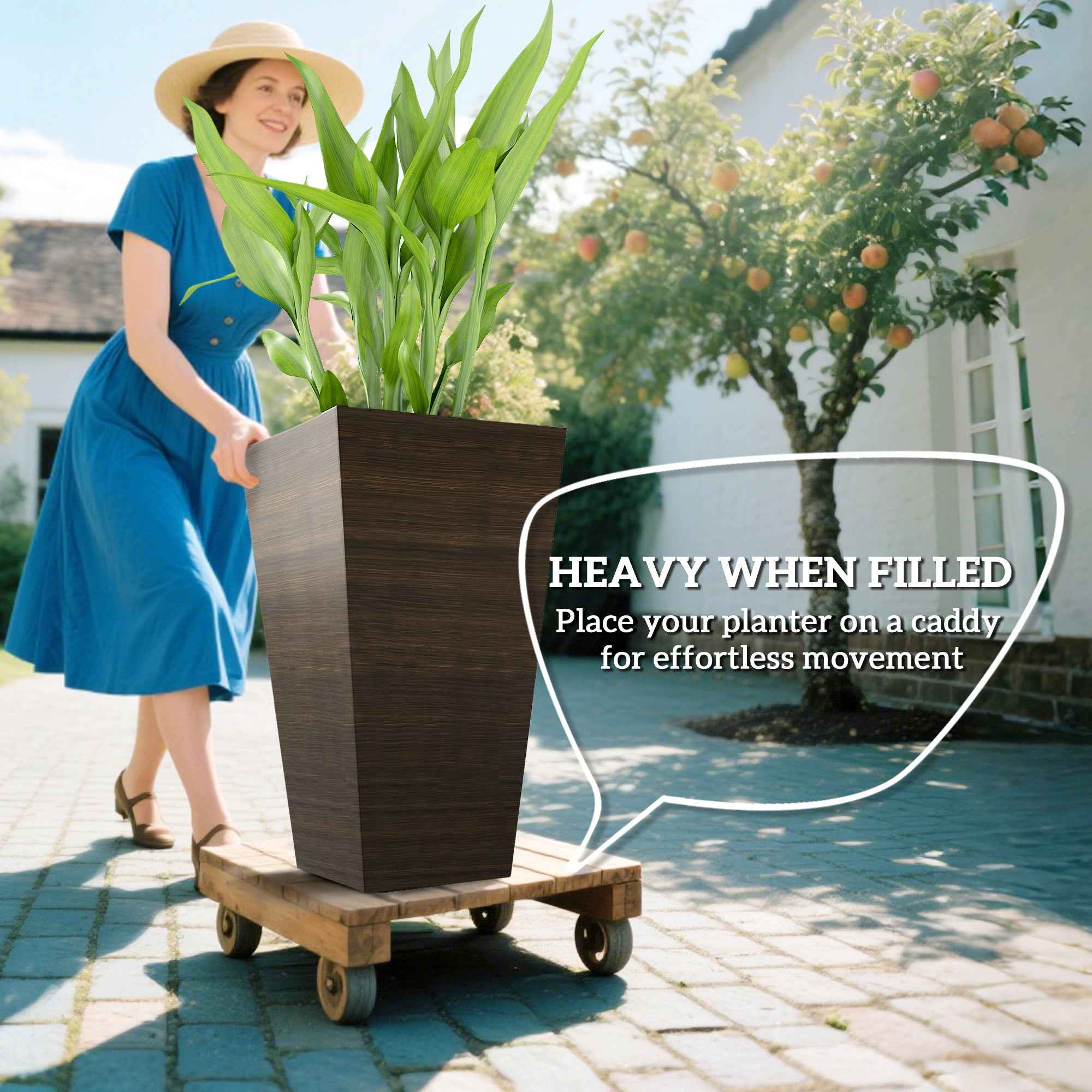 Set Of 3 Tall Planters, 28" Outdoor Planter W/ Drainage Holes, Faux Wood Plastic Flower Pots, Brown