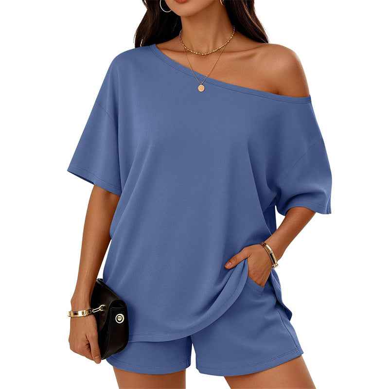 Womens 2-piece Fashionable Casual Set Off The Shoulder Top And Shorts  For Loungewear Daily Wear Work Gym Outfit