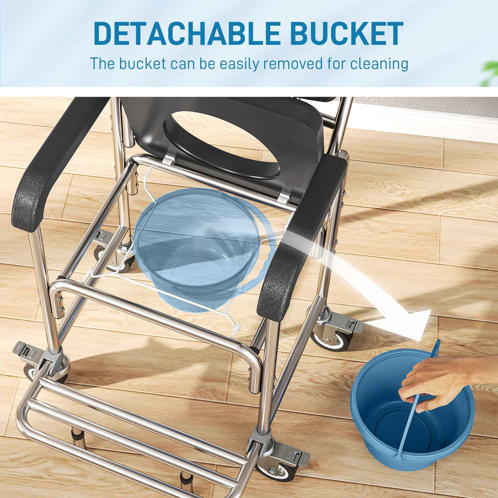 3-in-1 Shower Commode Wheelchair, Accessible Transport Commode Medical Rolling Chair, Black