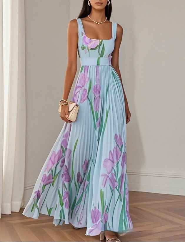 Women's Summer Floral Print Sleeveless A-Line Pleated Flowy Midi Dress