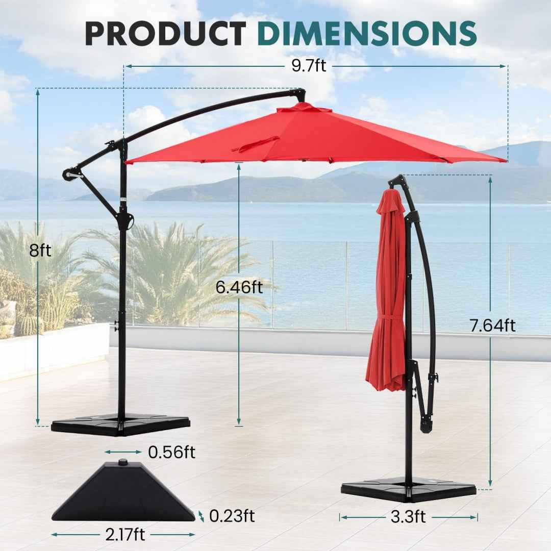 9.8FT Offset Patio Umbrella & Base | Hanging Cantilever Outdoor Sun Shade with Easy Tilt