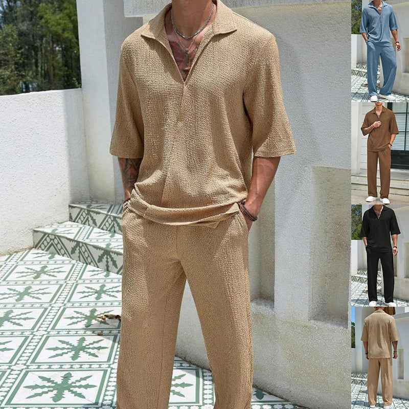 Men’s 2-Piece Summer Commuter Suit | Short-Sleeve Casual Top & Loose Straight Trousers Set