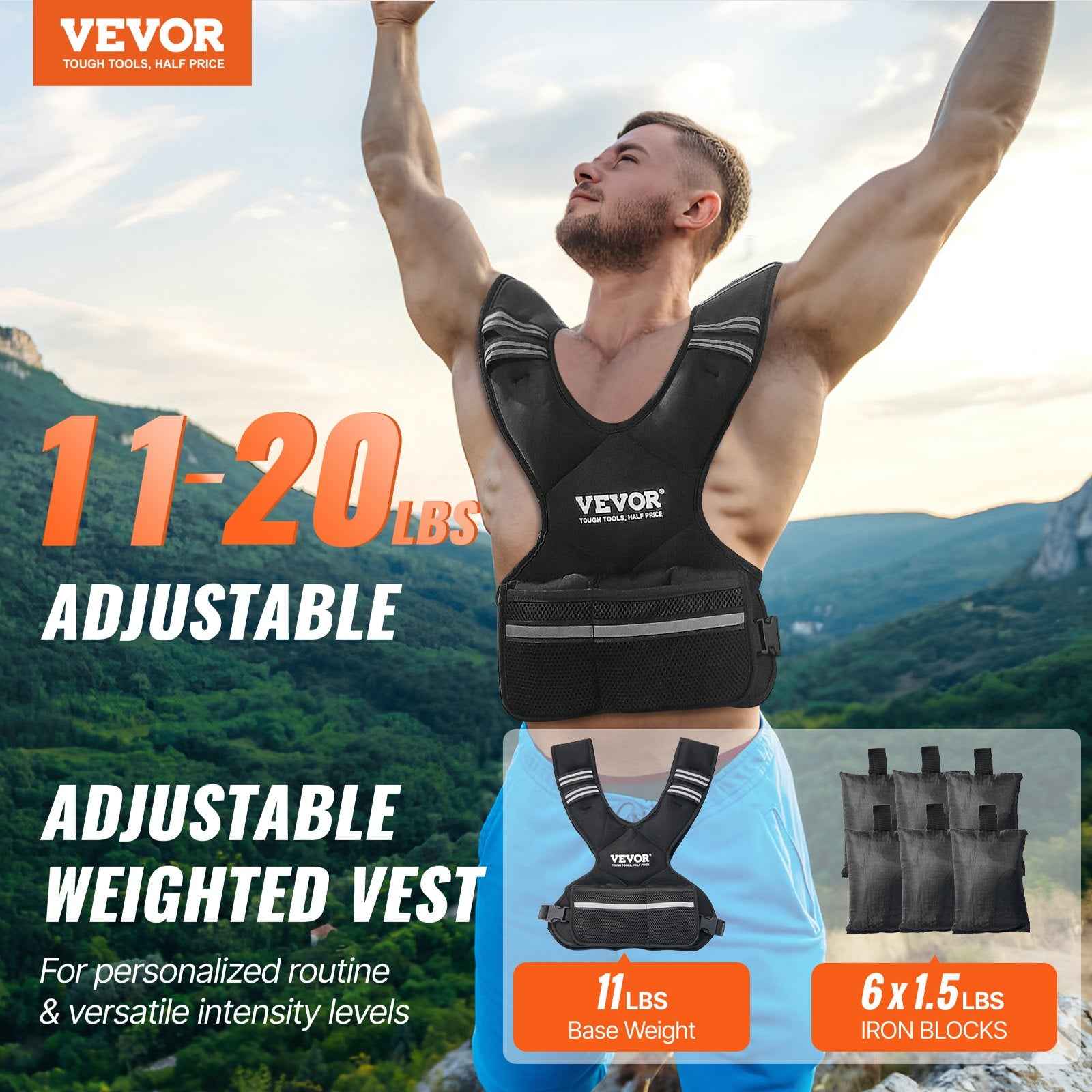 Adjustable Weighted Vest, 11-20lb Weight Exercise Set with 6 Iron sand Weights & Reflective Stripe