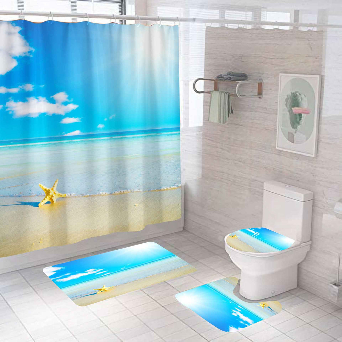 Beach Theme Bathroom Shower Curtain 4-Piece Set | Mildew-Proof & Waterproof