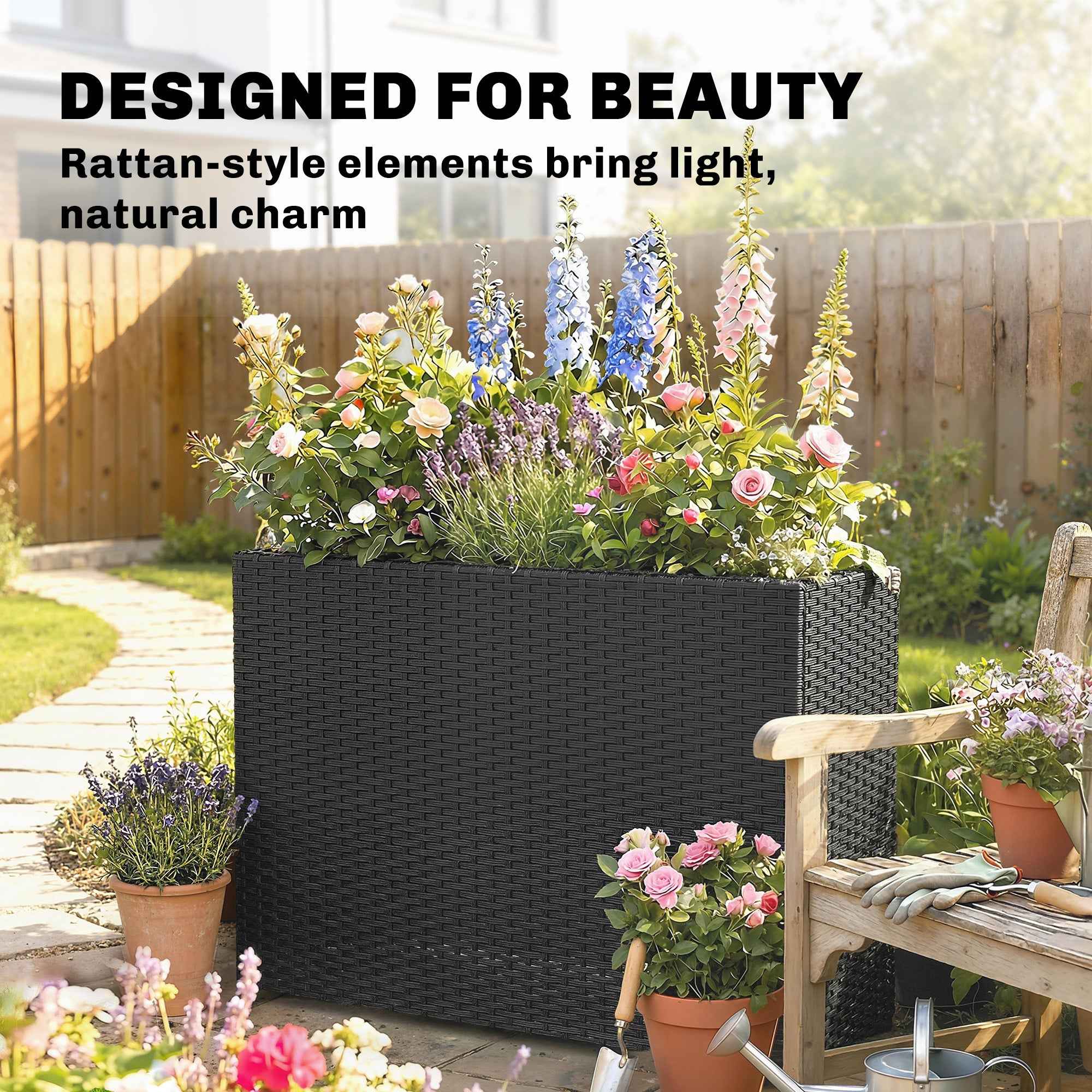 Tall Rectangular Planter with Removable Liner, Holes, PE Wicker Large Planter Box for Indoor Outdoor Plants, Black