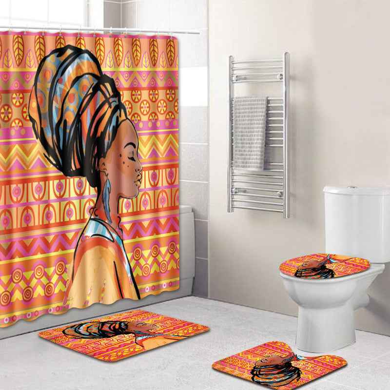 Creative African Culture 4-Piece Bathroom Set – Waterproof Shower Curtain, Non-Slip Bath Mat & Rugs