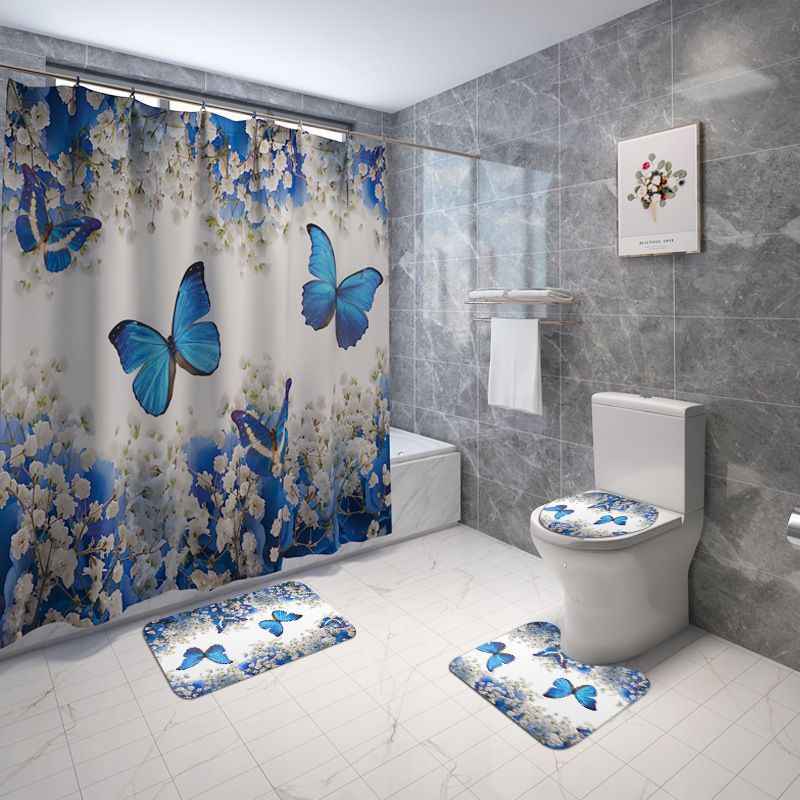 Shower Curtain Set 4-Piece Floral  or Butterfly Style with Non-Slip Bath Rugs, U-Shaped Mat, & Toilet Lid Cover