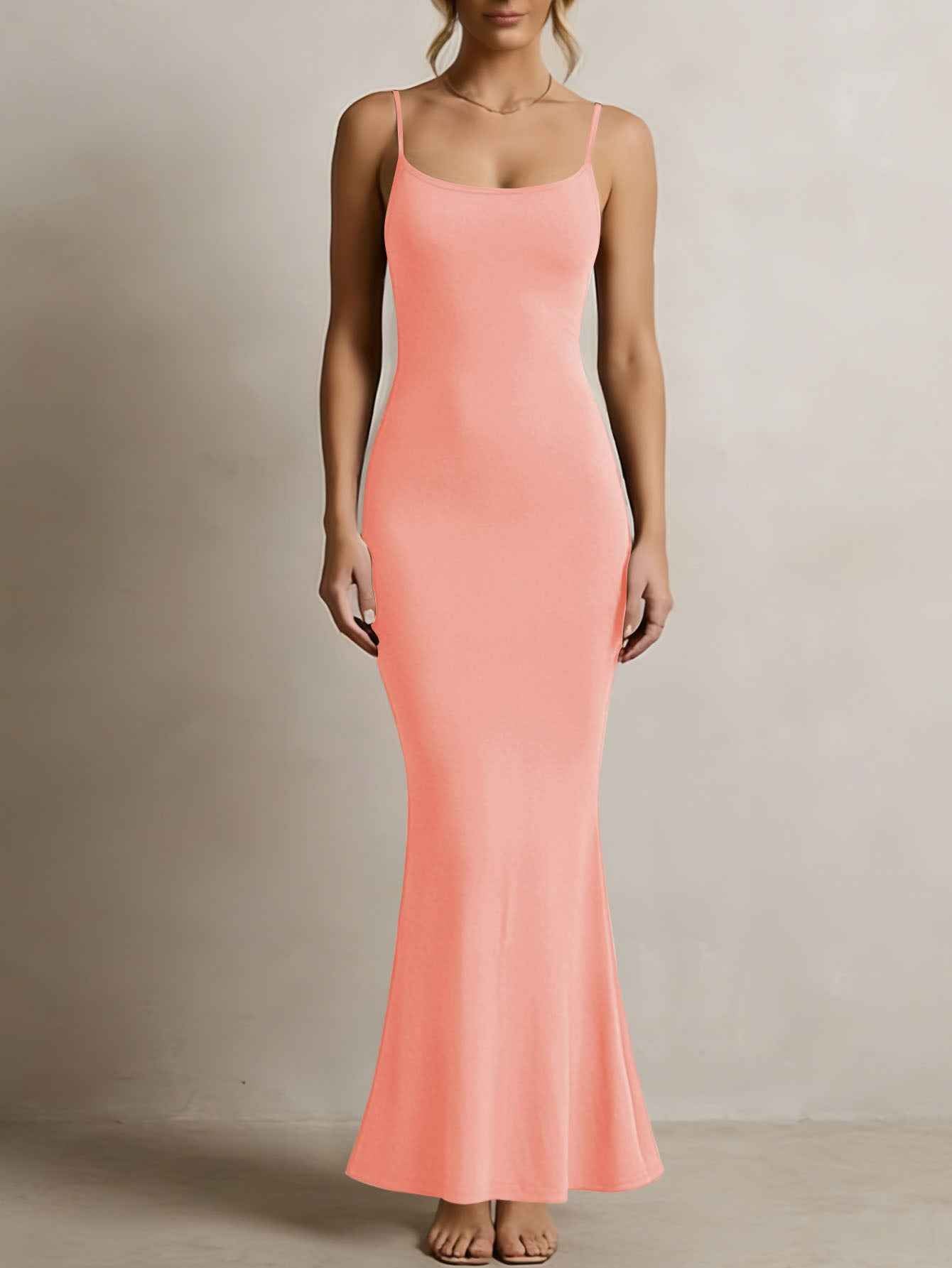 Women's Solid Color Spaghetti Strap Square Neck Bodycon Maxi Dress | Sleeveless Summer Sundress