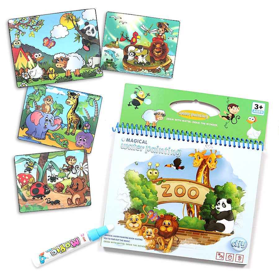 Reusable Magic Water Coloring Books for Toddlers – Mess-Free Water Painting Doodle Book Set with Refillable Pens, Early Educational Color Filling Activity Album for Kids, Anime & Life Common Sense Themes, English Words & Digital Learning Numbers Toys