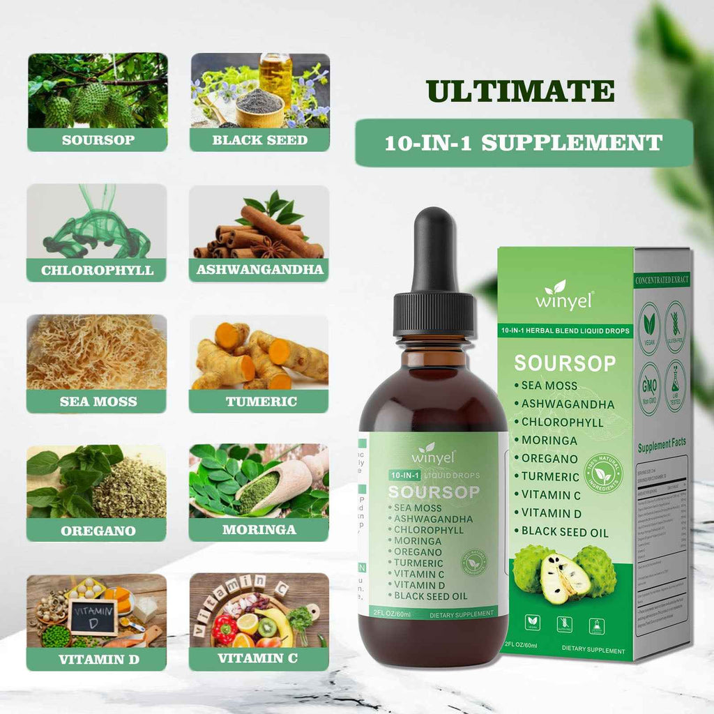Soursop Drops 10-in-1 With Seaweed, Moringa, Black Seed Oil, Oregano, Ashwagandha, Chlorophyll  Herbal Extracts Promote Overall Health  Vegan 2 Fl Oz