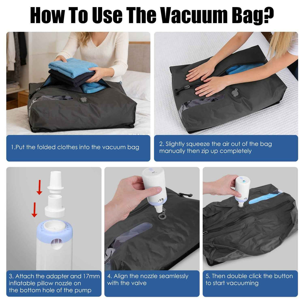 2Pcs 17L Vacuum Bags With Pump Clear Window & Handle | IP67 Waterproof TPU Travel Packing Cubes for Suitcases & Backpacks