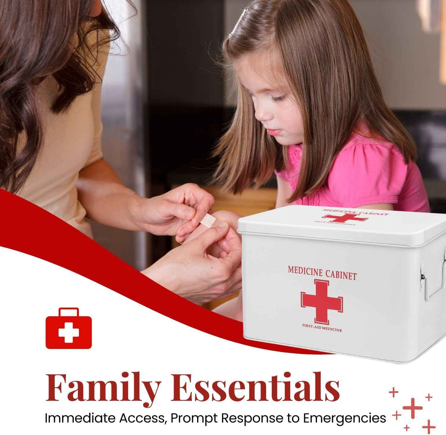 Metal 2-Tier First Aid Kit Box & Medicine Storage Bin with Tray – Compact Emergency Organizer for Home, Office, and Car