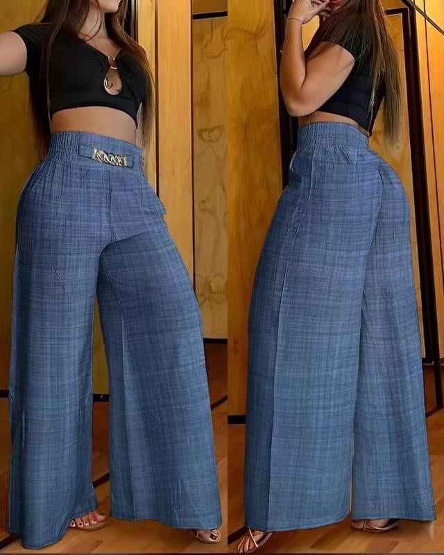 Women's Solid Color High-Waisted Wide-Leg Pants – Casual Stretchable Loose-Fitting Trousers