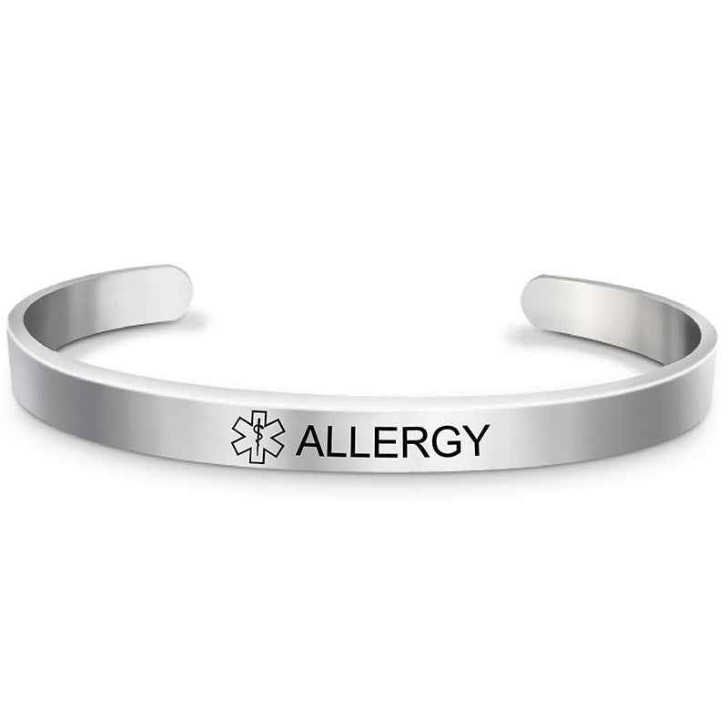 Silver Plated Medical Alert Cuff Bracelet - Epilepsy, Diabetic & Allergy Stainless Steel Bangle for Women & Men