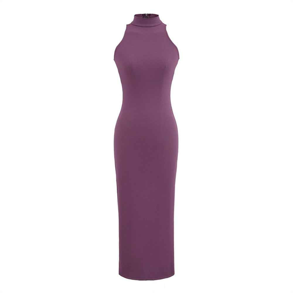 Women's Sleeveless Turtleneck Slit Dress - Casual Ribbed Knit Midi