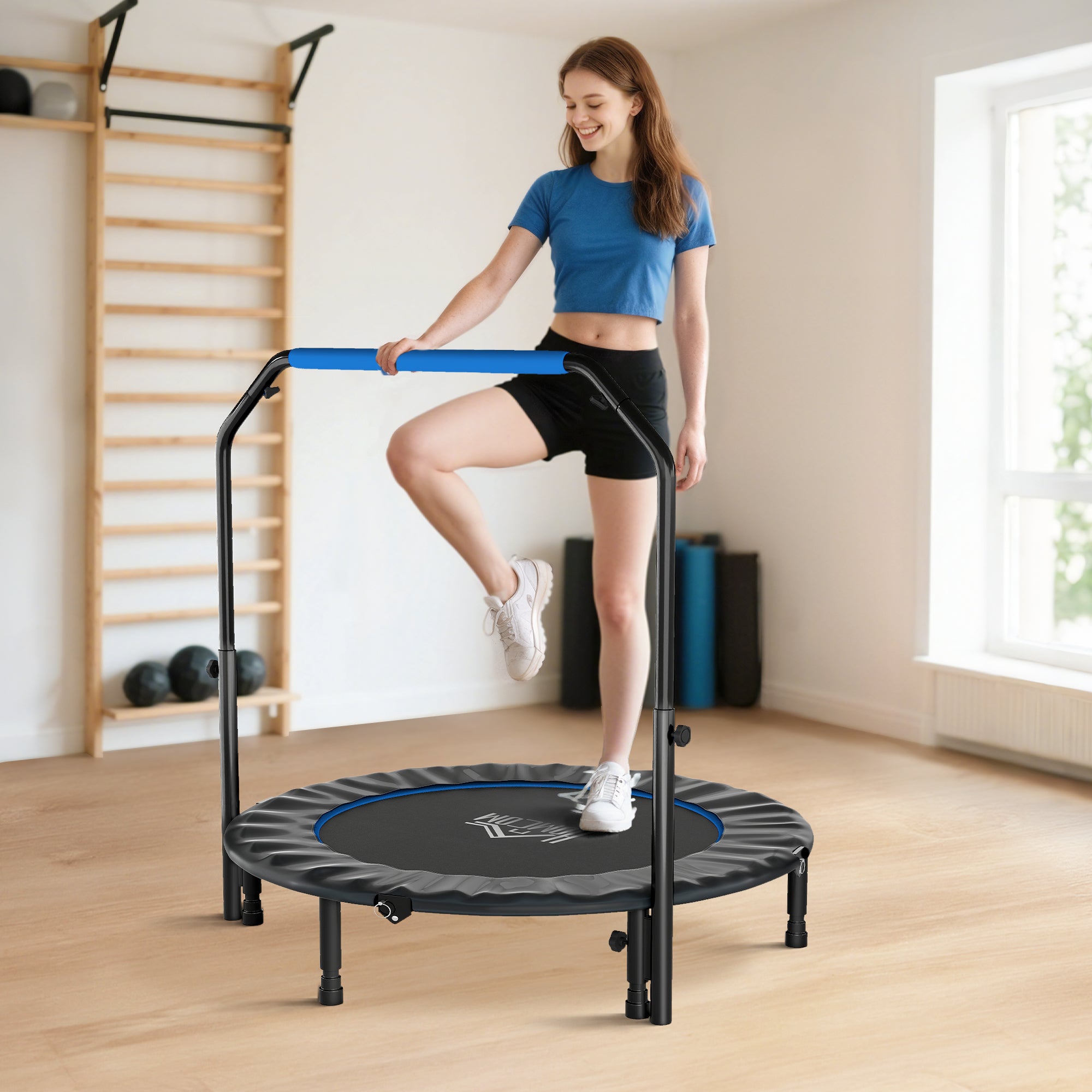 48" Foldable Mini Fitness Trampoline, With Adjustable Foam Handle, Blue - Shop NCLC