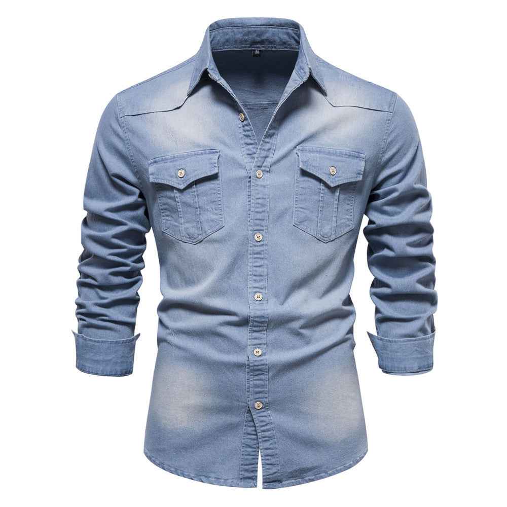 Men's Slim Fit Long Sleeve Denim Shirt | Solid Button-Down Casual Jean Top