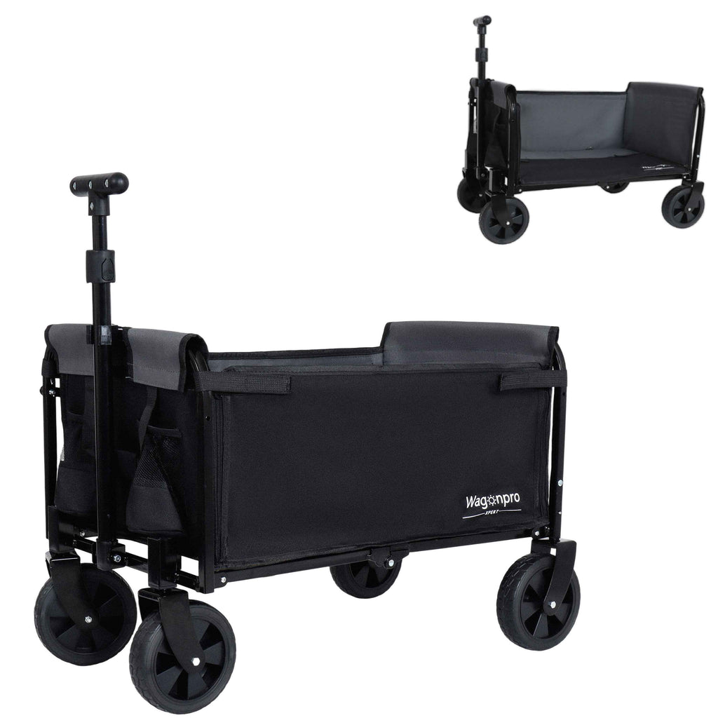 All-In-One Convertible Folding Camping Wagon Cart with Bench Seat, Storage Compartment & Dog Tether (Black/Gray)