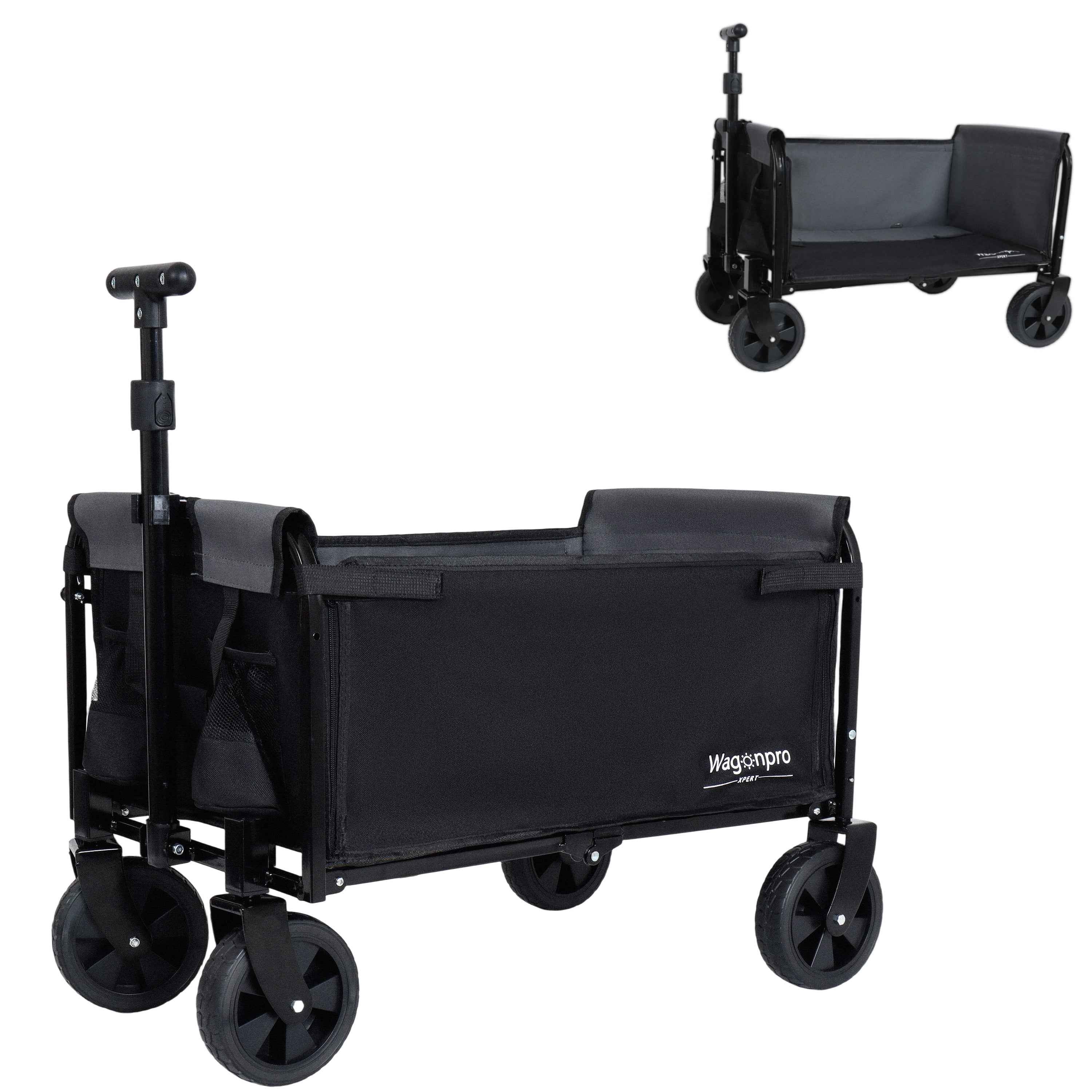 All-In-One Convertible Folding Camping Wagon Cart with Bench Seat, Storage Compartment & Dog Tether (Black/Gray)