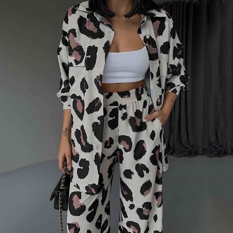 Printed Design Long-sleeved Shirt Wide-leg Pants Women's Two-piece Set