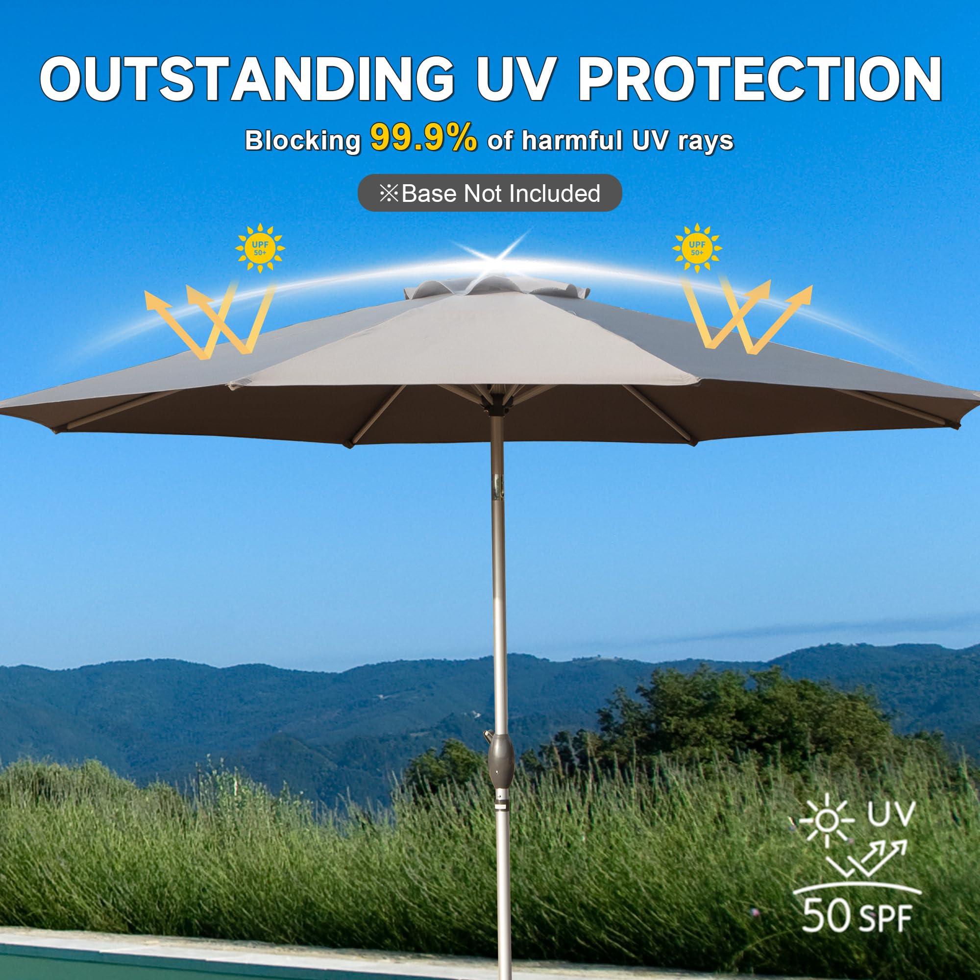 9FT Patio Umbrella, Outdoor Table Umbrella With Push Button Tilt And Crank, UV Protection Waterproof Market Sun Umbrella With 8 Sturdy Ribs For Garden, Deck, Backyard, Pool - Gray
