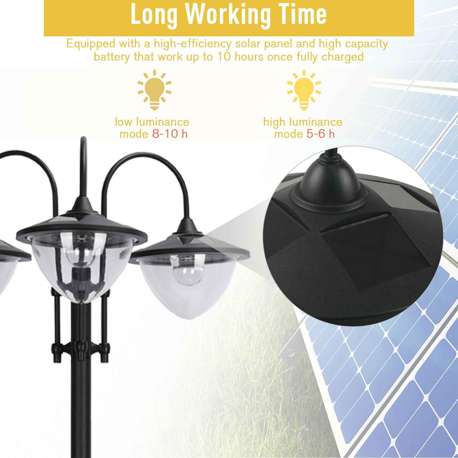 74.5" 3-head Solar Lamp Post Street Light with Planter, Solar Pole Lights Outdoor Waterproof LED Lighting for Backyard Pathway Patio Lawn Driveway Decor, Black