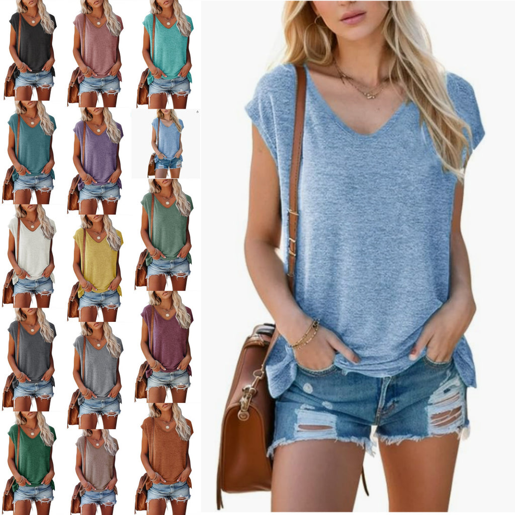 Women's Summer V-Neck Solid Color Casual Loose Short-Sleeve - Shop NCLC