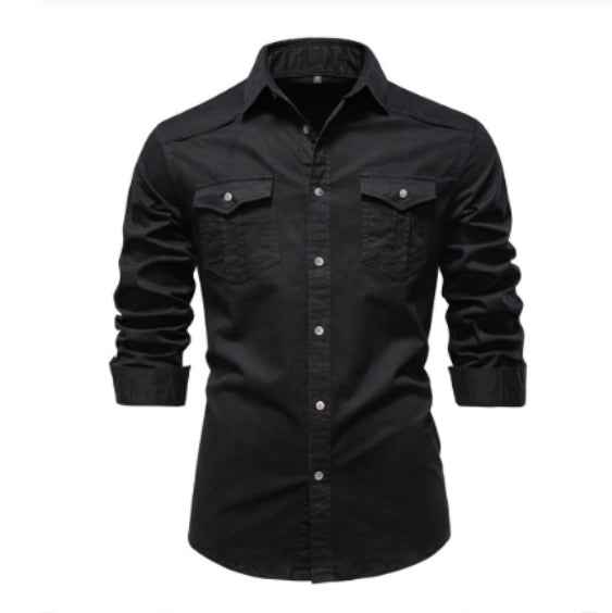 Men's Slim Fit Long Sleeve Denim Shirt | Solid Button-Down Casual Jean Top