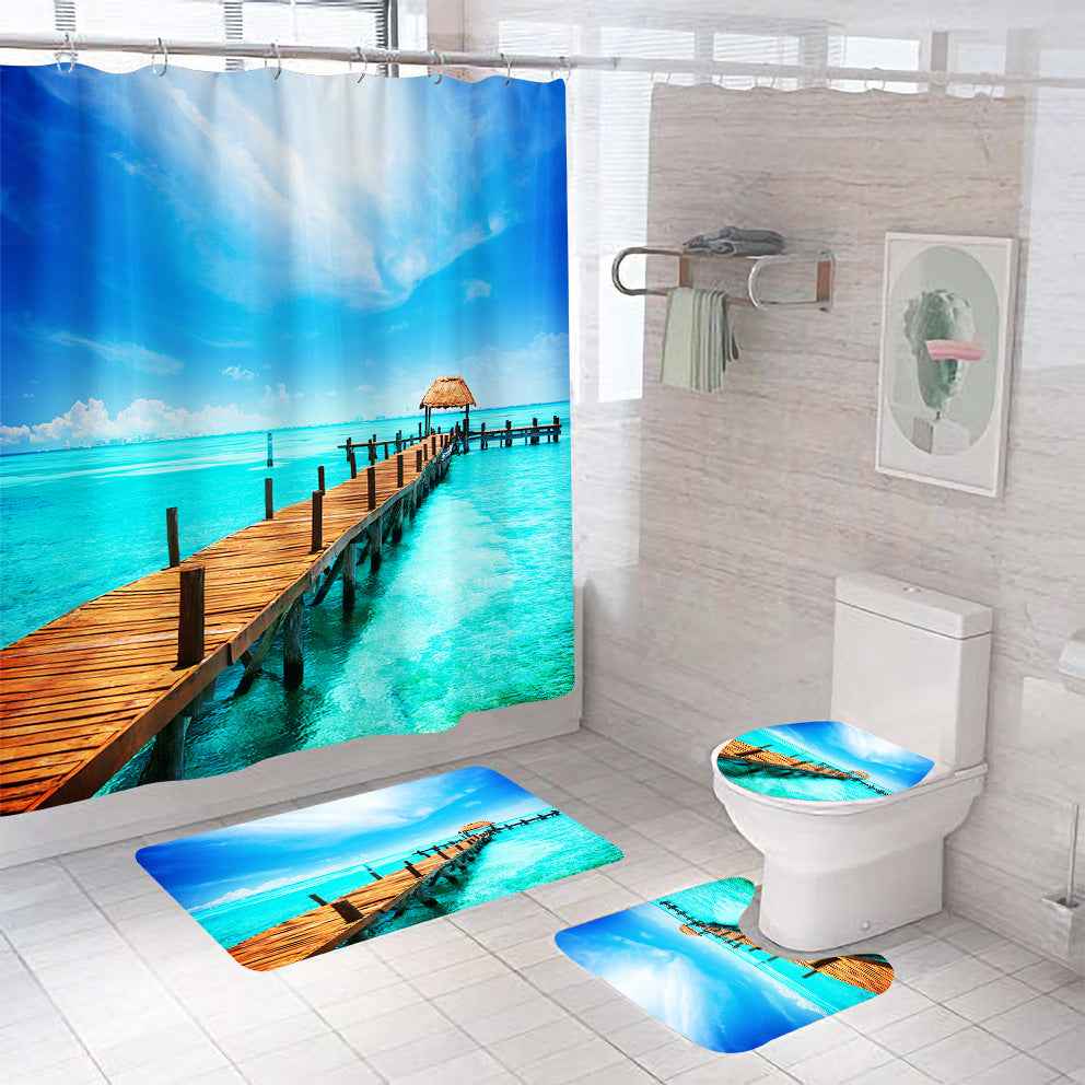 Beach Theme Bathroom Shower Curtain 4-Piece Set | Mildew-Proof & Waterproof