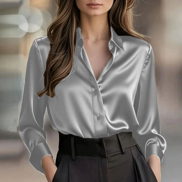 Elegant Satin Long Sleeve Blouse For Women Button-Up Collar Shirt Perfect For Casual Professional Business Work Wear Women's Clothing - Shop NCLC