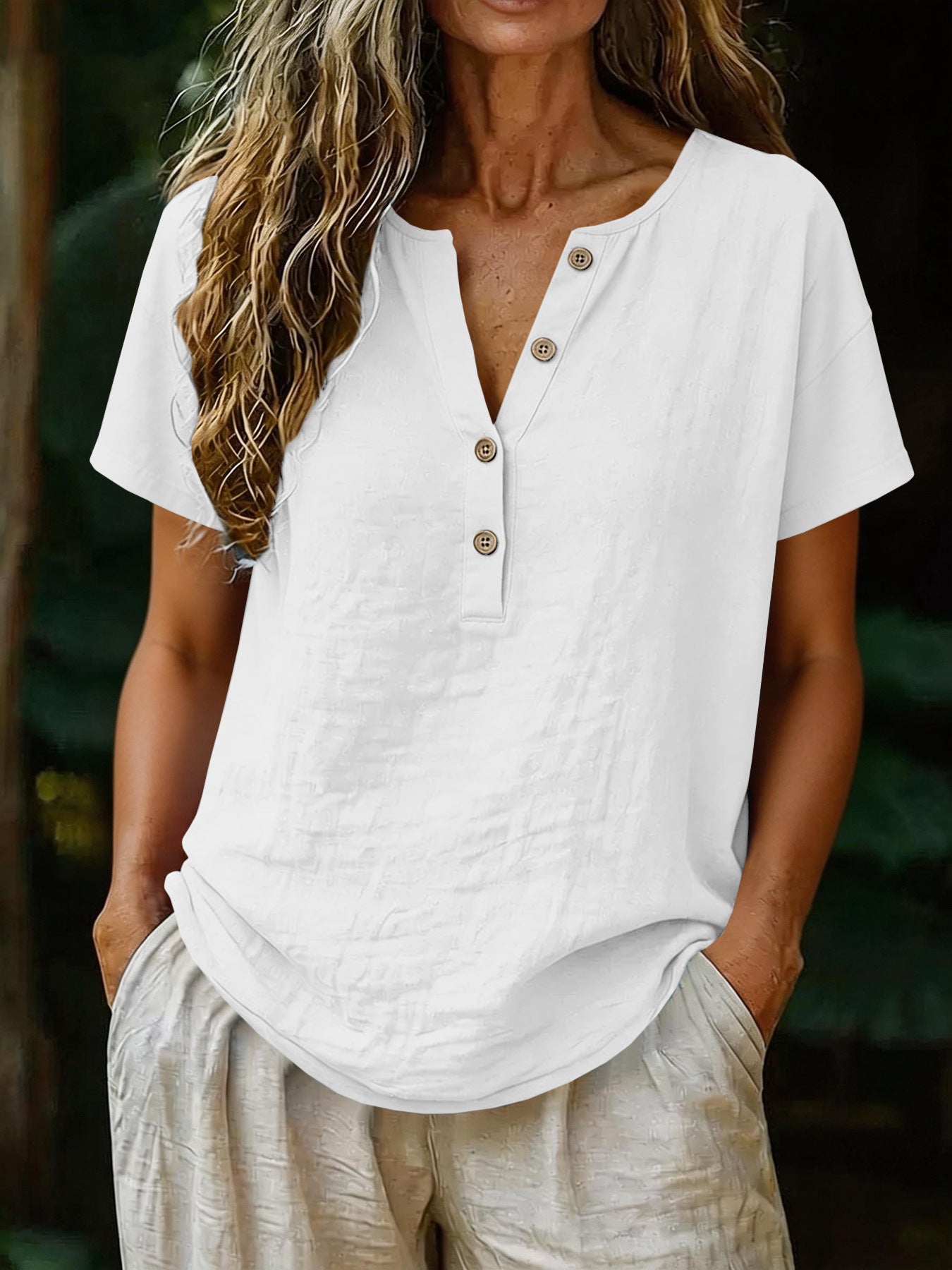Women's Casual Solid Color Cotton-Linen Short-Sleeve - Shop NCLC