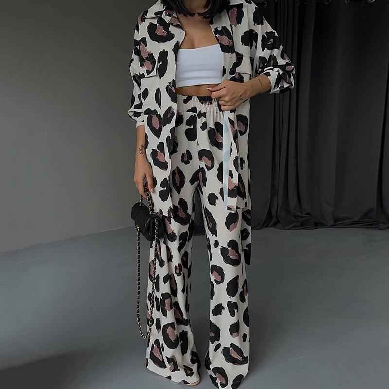 Printed Design Long-sleeved Shirt Wide-leg Pants Women's Two-piece Set