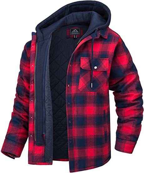 Men's Plaid Hooded Winter Jacket – Thick Padded Warm Zip-Up & Button Casual Shacket Coat