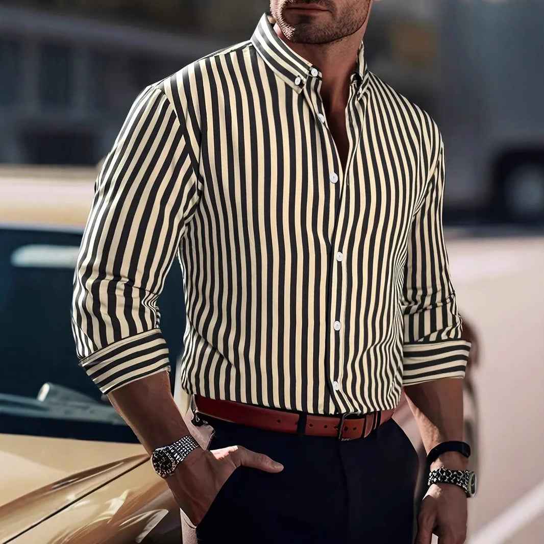 Men's Casual Stripe Printed Long Sleeve Shirt – Fashion Lapel Button-Down Top