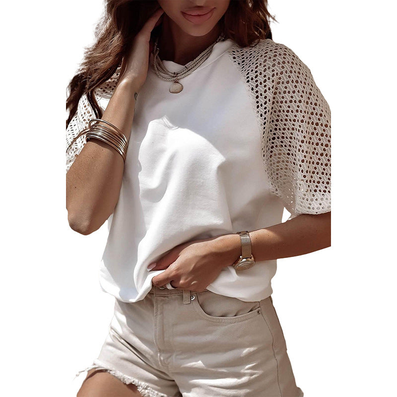 Women's Solid Color Casual Style Lace Stitching Loose Short Sleeve - Shop NCLC