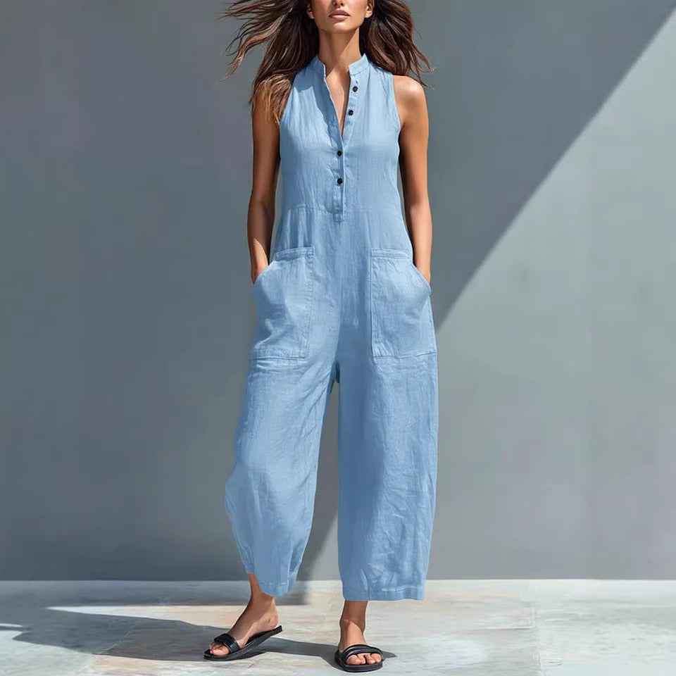 Women's Summer Sleeveless V-Neck Jumpsuit - Casual Wide-Leg Overalls with Pockets & Buttons