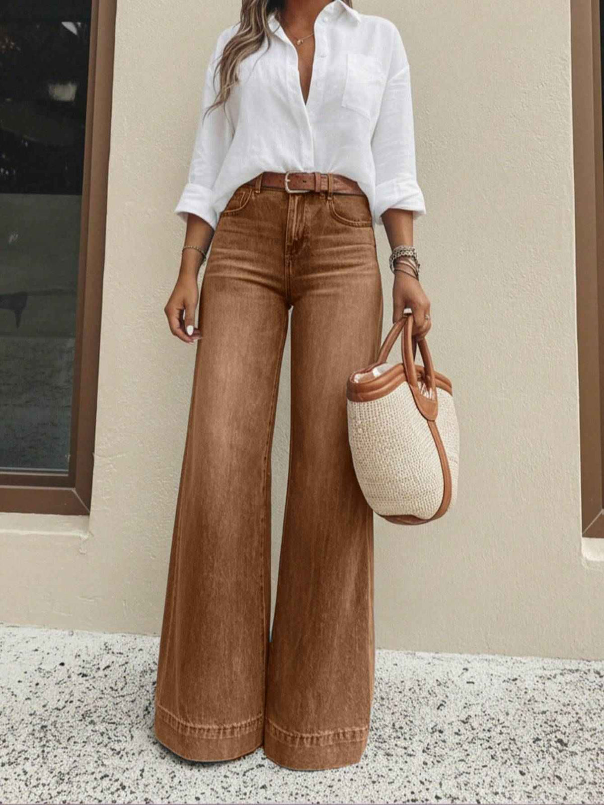 Vintage Brown High Waist Wide Leg Jeans | Washed Loose Floor-Length Denim Trousers