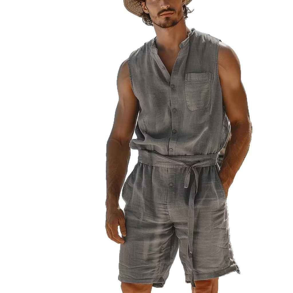 Men's One-Piece Nap Vest & Shorts Set - Lightweight Loungewear