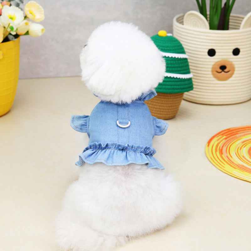 Pets Denim Dress for Dogs and Cats - Stylish Ruffled Vest Harness with Leash Hook in Blue Jeans