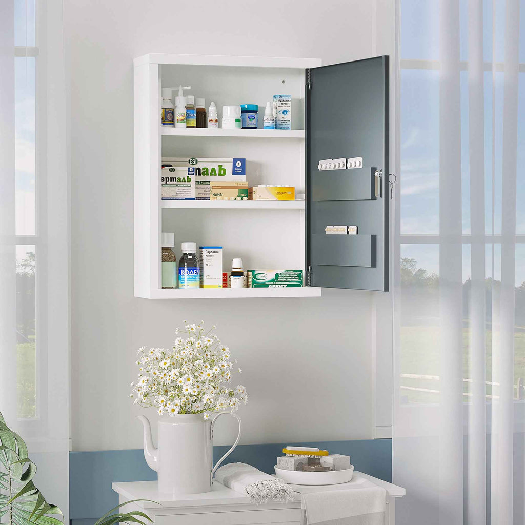Wall-Mounted Locking Medicine Cabinet with Door Shelves (White/Gray) - Child Safe