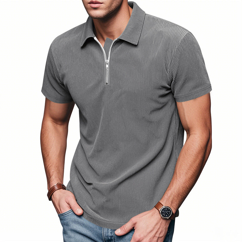Mens Loose Corduroy Half-Zip Polo Short-Sleeve T-Shirt - Shop NCLC