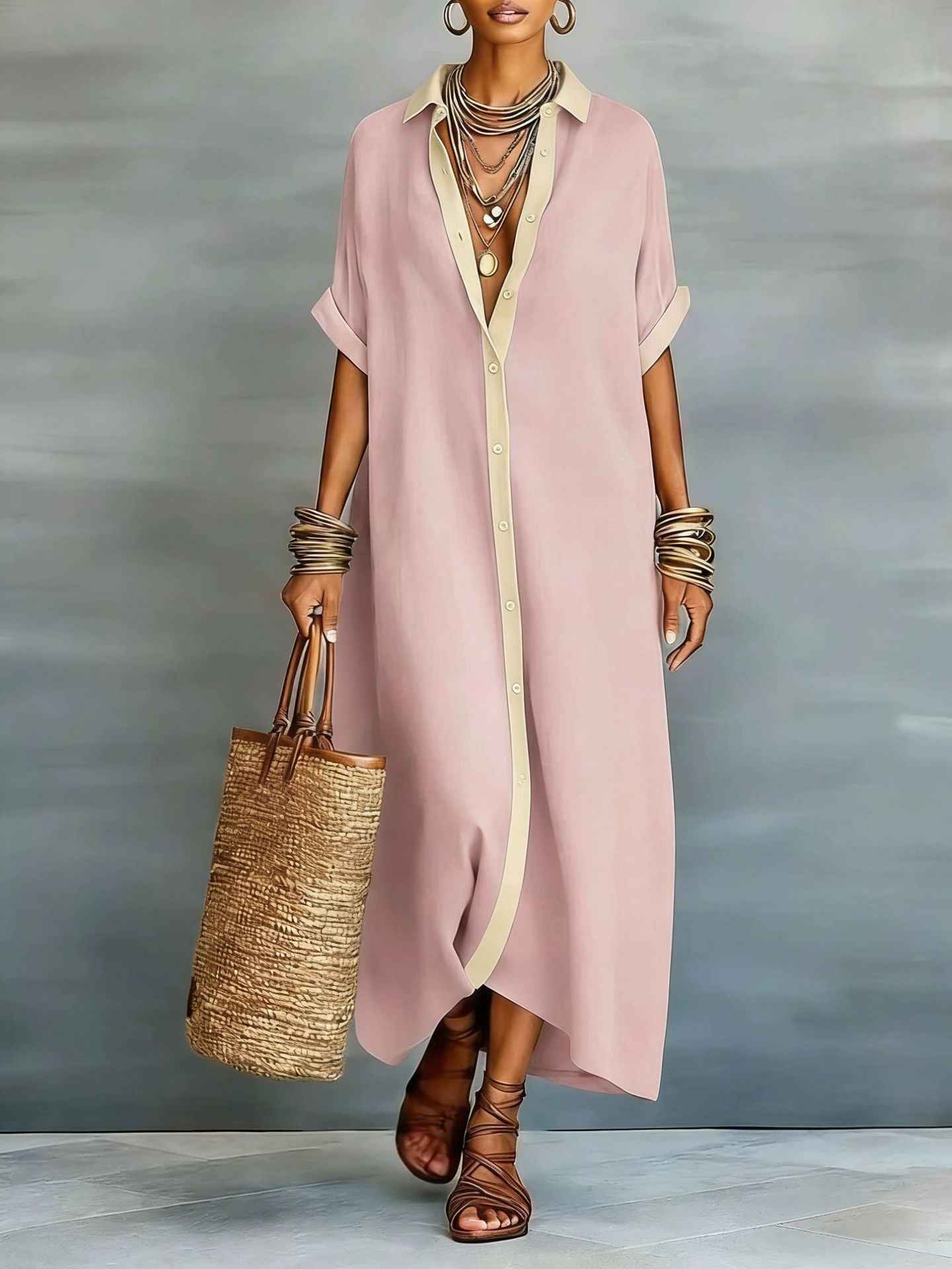 Women's Color-Block Loose Linen Maxi Dress | Fashionable & Casual Long Sundress