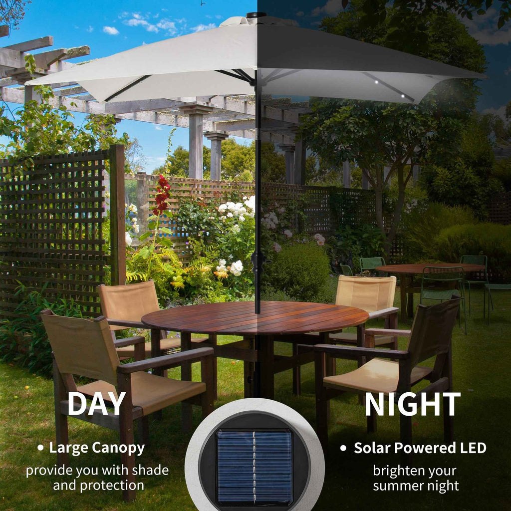 9 x 7 Patio Umbrella Outdoor Table Market Umbrella with Crank, Solar LED Lights, 45° Tilt, Push-Button Operation, for Deck, Backyard, Pool and Lawn, White
