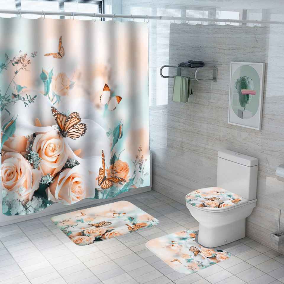 Shower Curtain Set 4-Piece Floral  or Butterfly Style with Non-Slip Bath Rugs, U-Shaped Mat, & Toilet Lid Cover