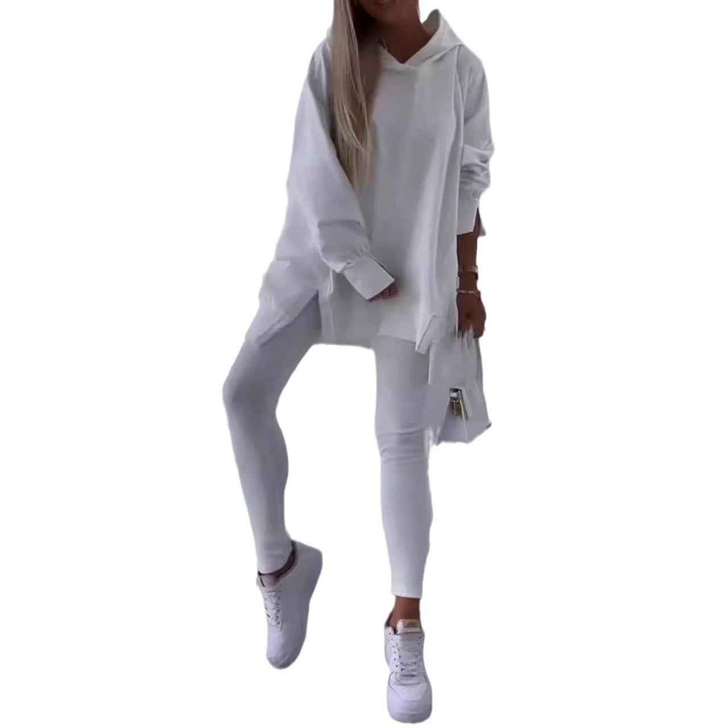 Women's Sports Casual Hooded Sweatshirt & Slit Tights 2-Piece Set