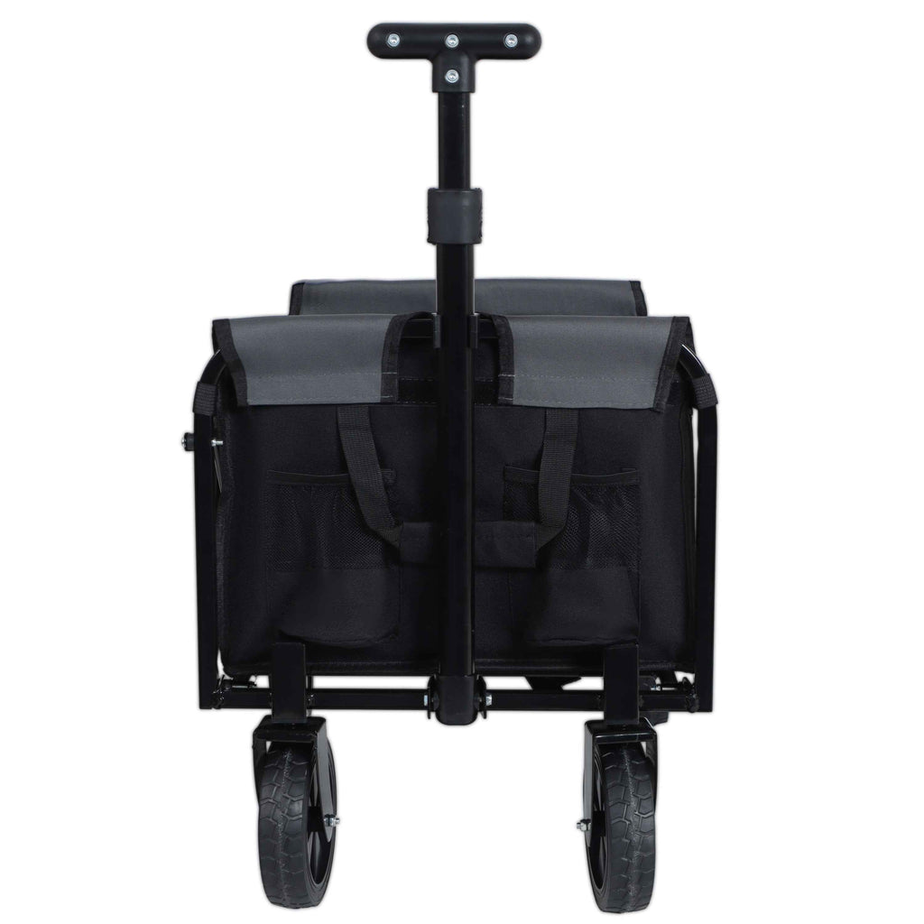 All-In-One Convertible Folding Camping Wagon Cart with Bench Seat, Storage Compartment & Dog Tether (Black/Gray)