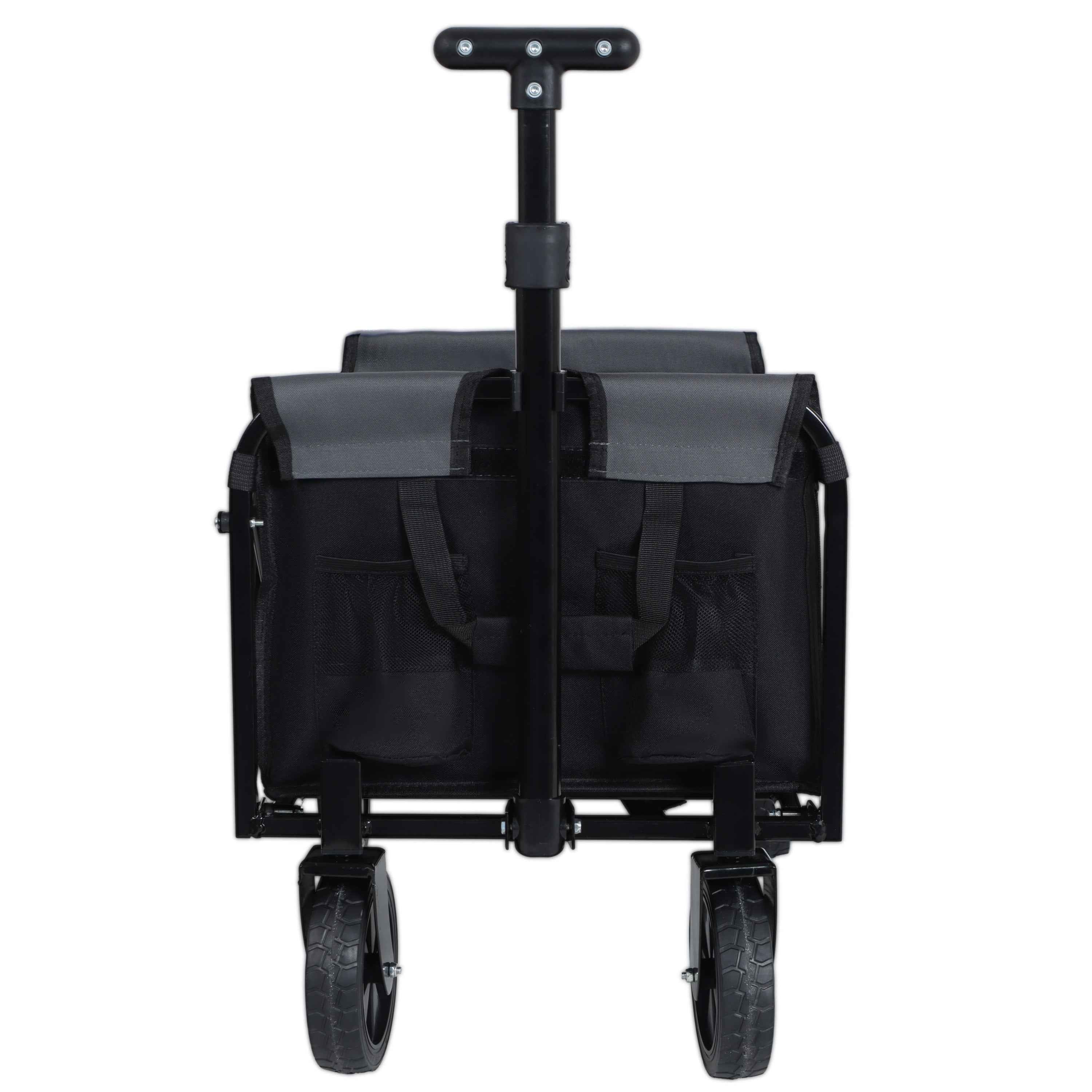 All-In-One Convertible Folding Camping Wagon Cart with Bench Seat, Storage Compartment & Dog Tether (Black/Gray)