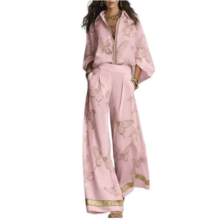 Women's Zip-Front Shirt & Wide-Leg Pants Casual Two-Piece Set